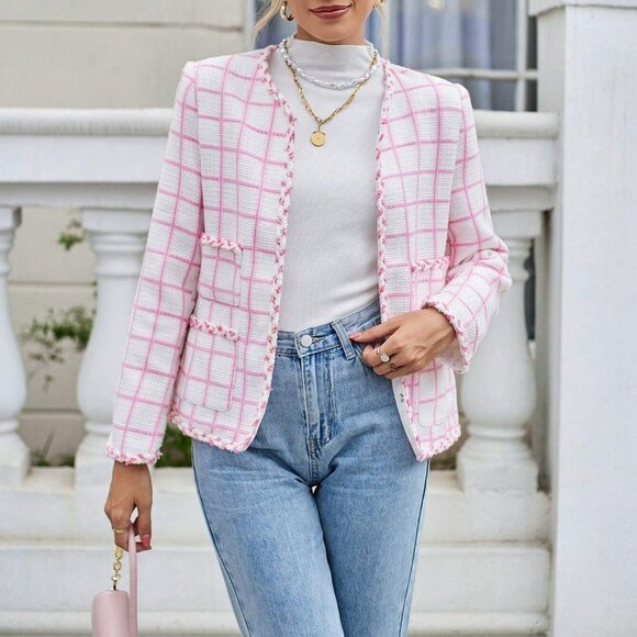 Pink Trendy Womens Plaid Print Open Front Pocket Patched Overcoat - Picture 4 of 5